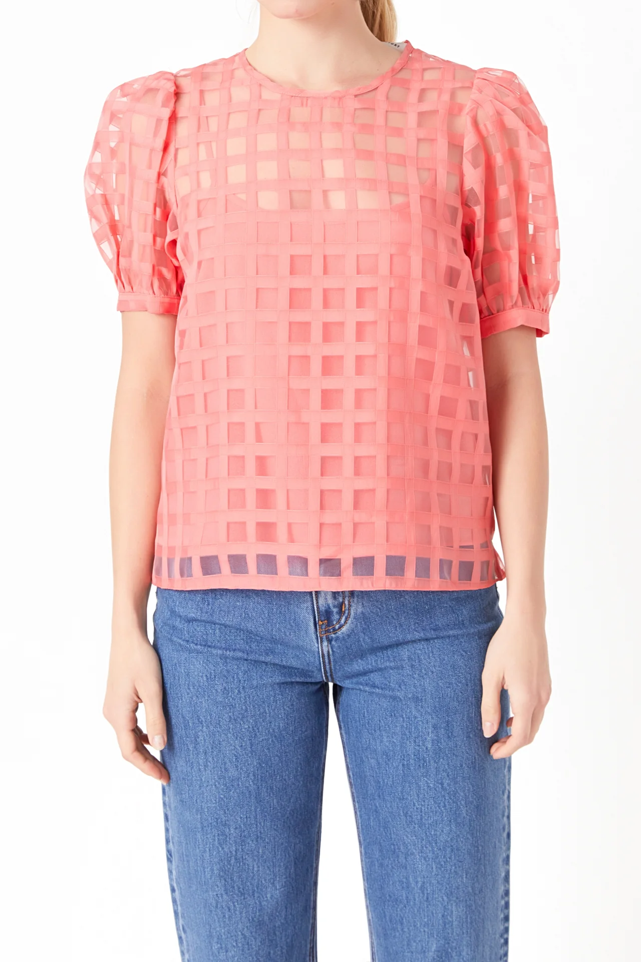 Puff Sleeve Plaid Sheer Top - Image 58