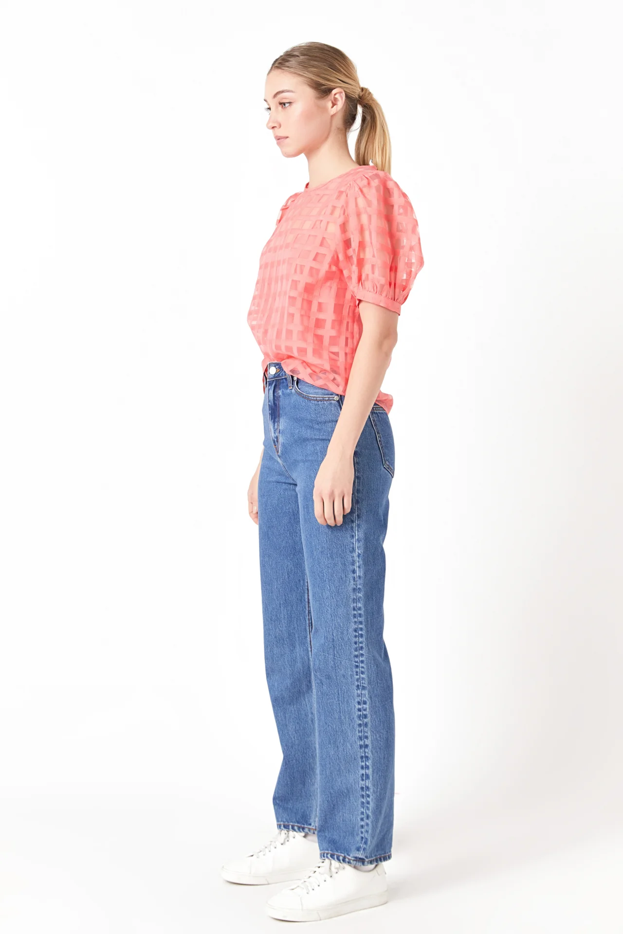 Puff Sleeve Plaid Sheer Top - Image 59