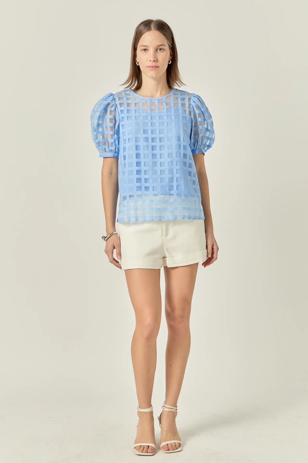 Puff Sleeve Plaid Sheer Top - Image 6