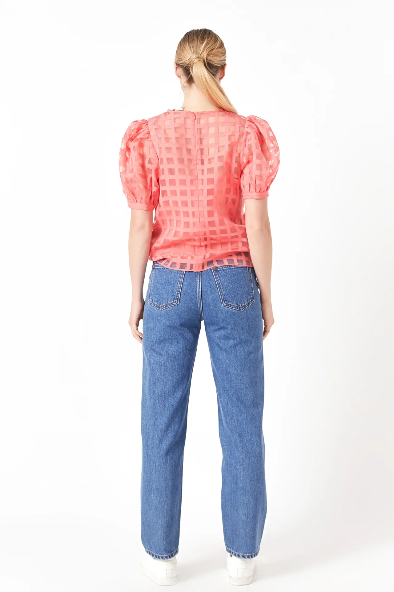 Puff Sleeve Plaid Sheer Top - Image 60