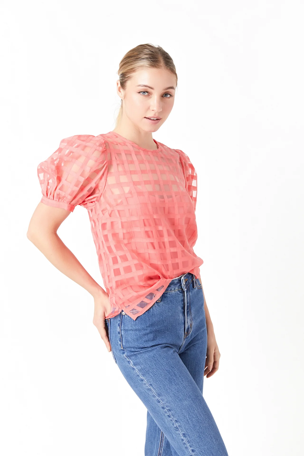Puff Sleeve Plaid Sheer Top - Image 61