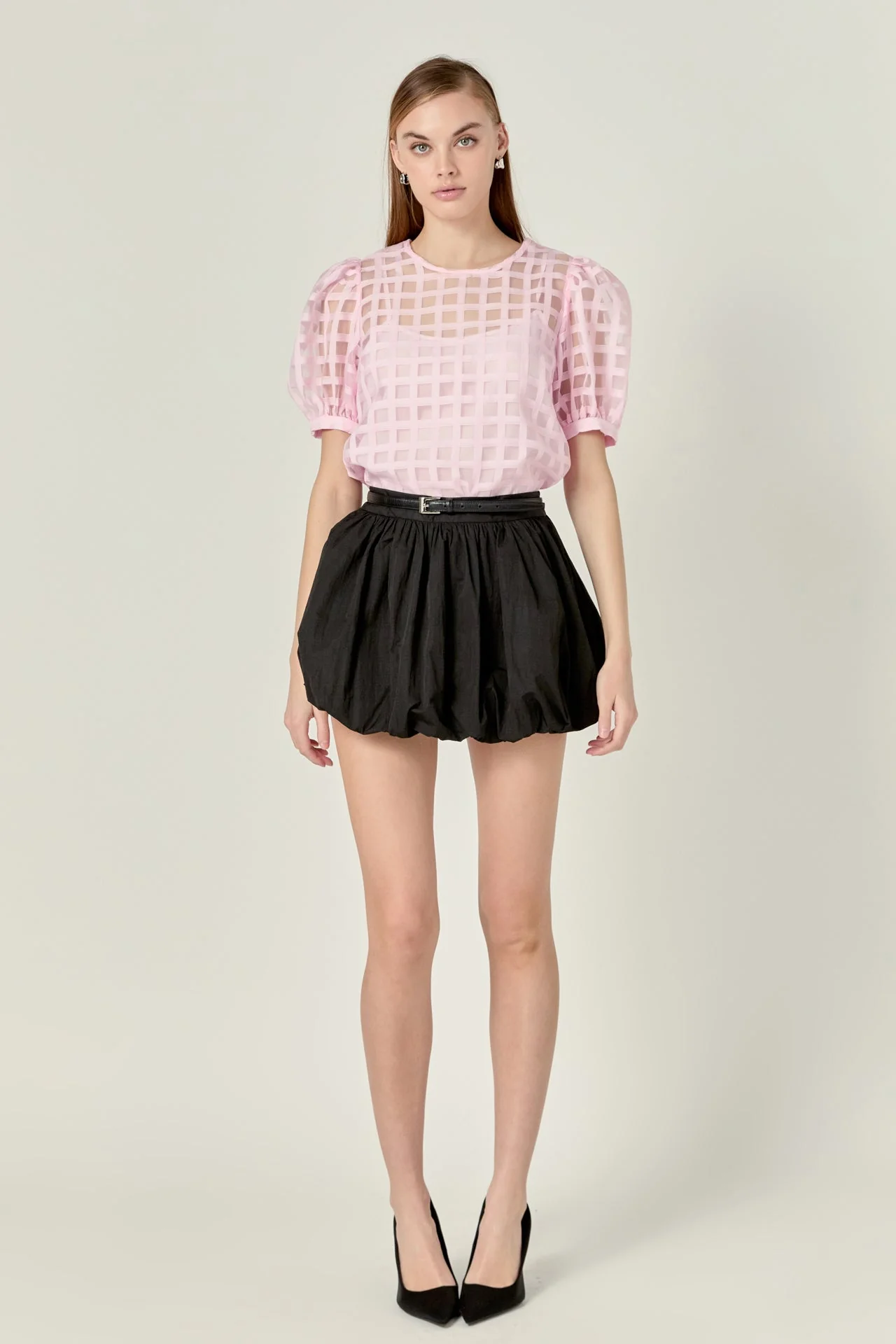 Puff Sleeve Plaid Sheer Top - Image 7