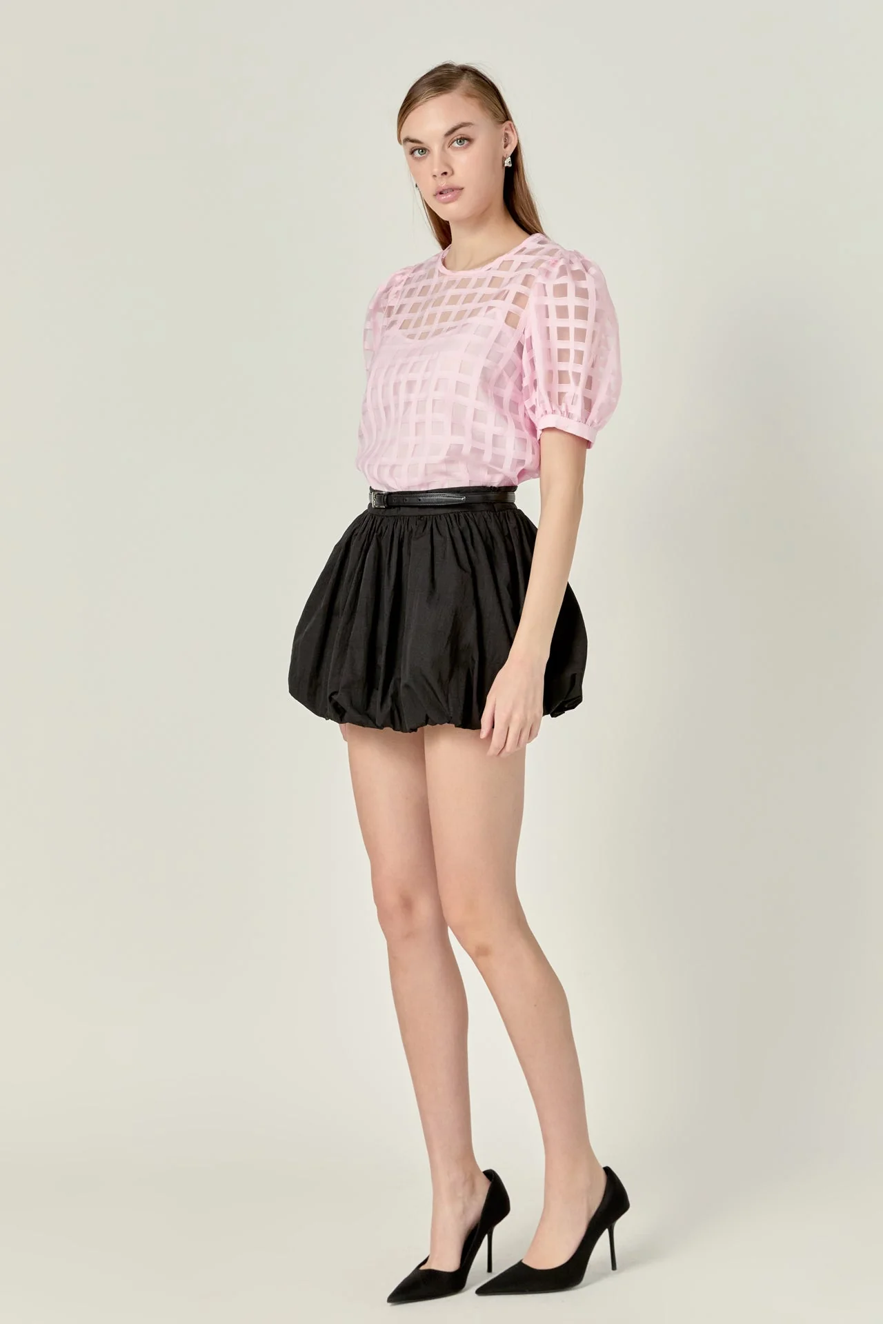 Puff Sleeve Plaid Sheer Top - Image 9