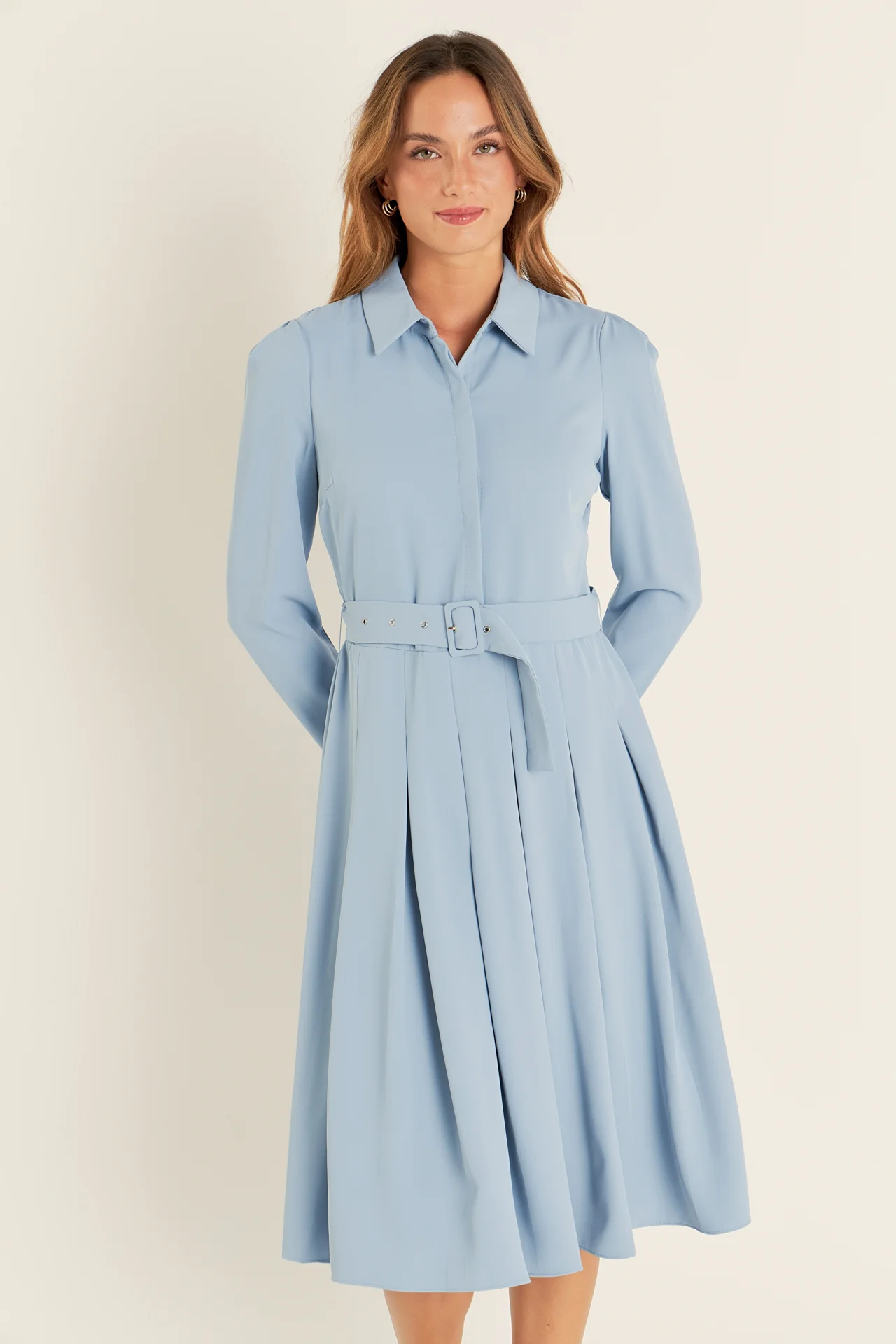 Pleated Collared Long Sleeve Midi Dress - Image 10