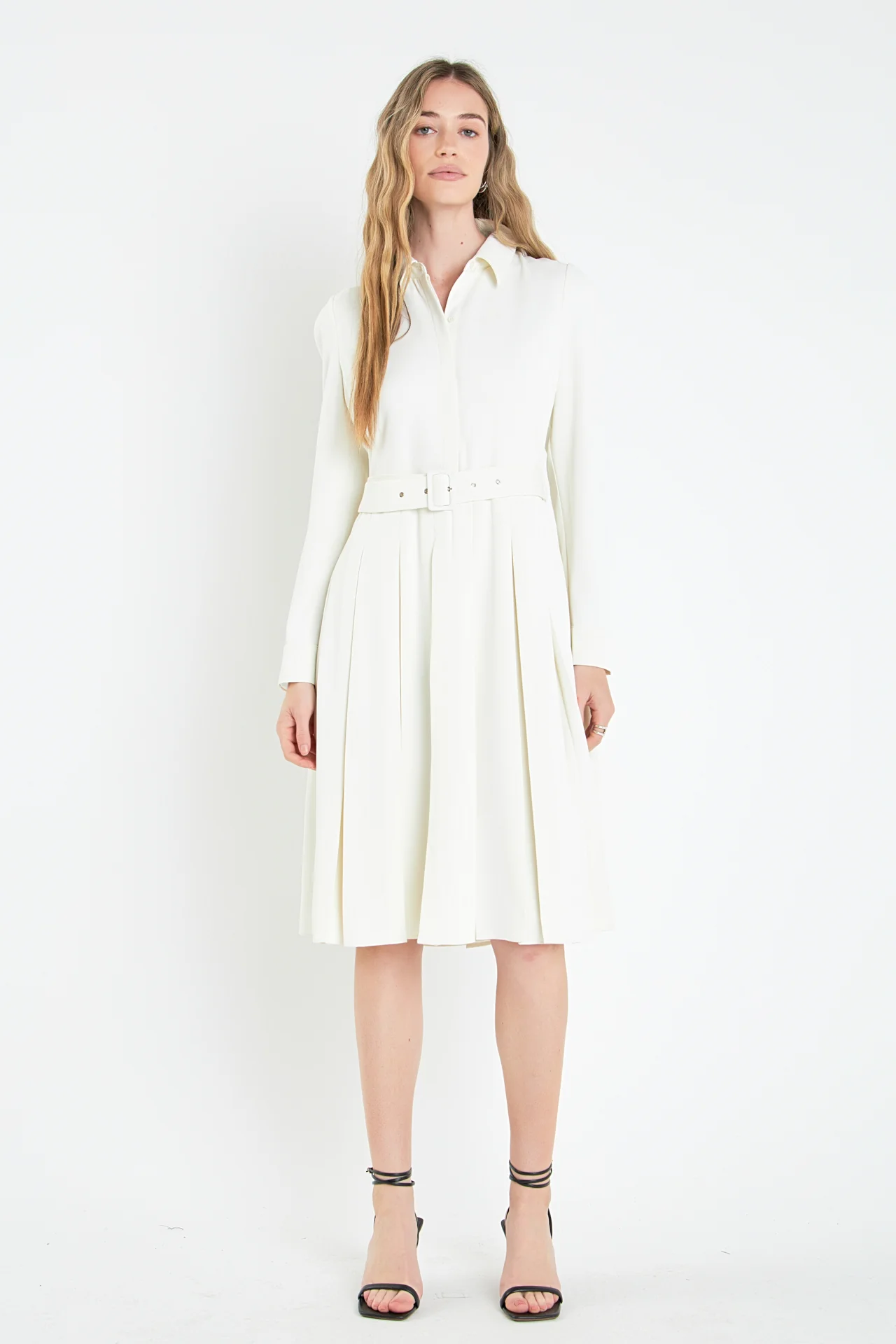 Pleated Collared Long Sleeve Midi Dress - Image 11