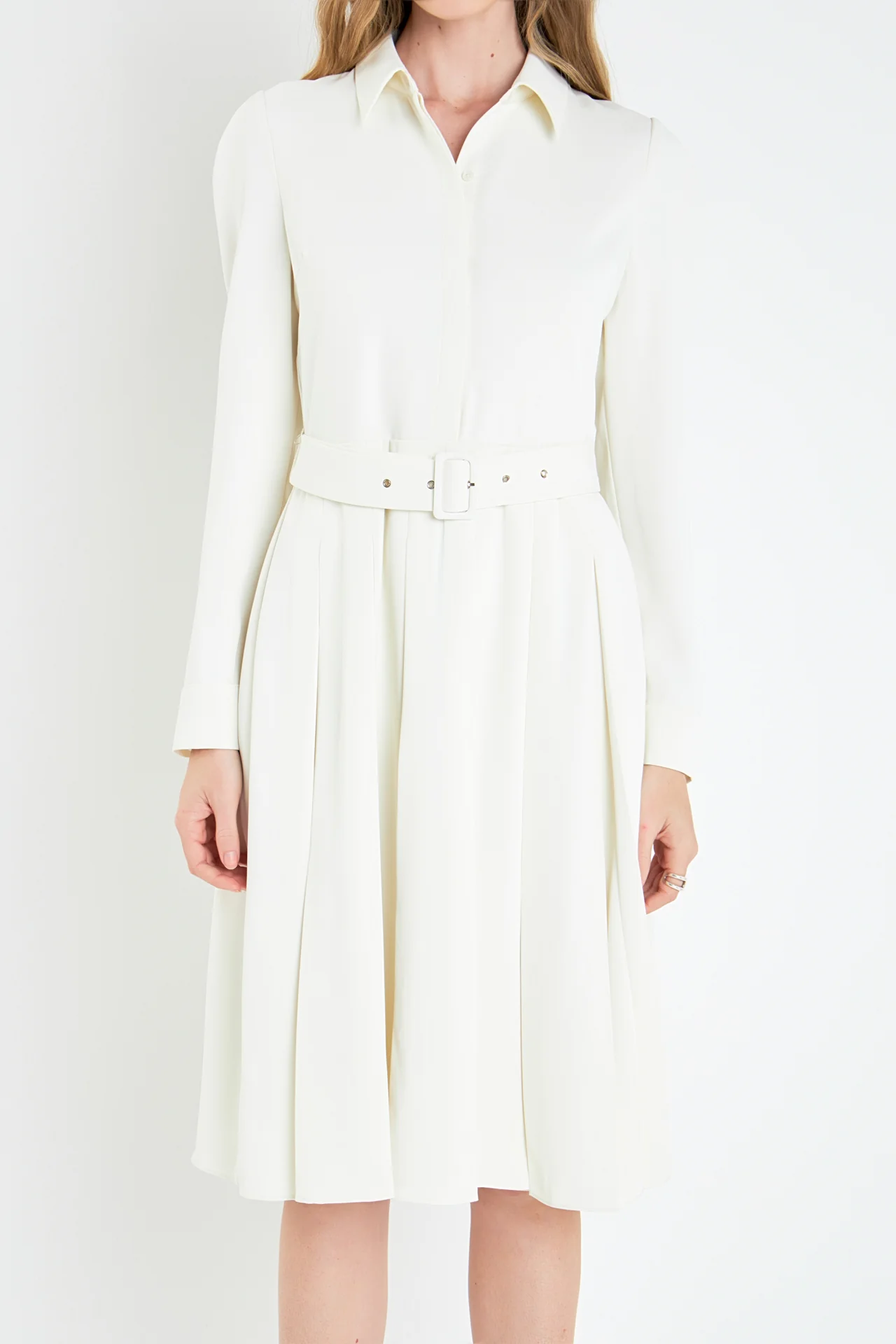 Pleated Collared Long Sleeve Midi Dress - Image 12