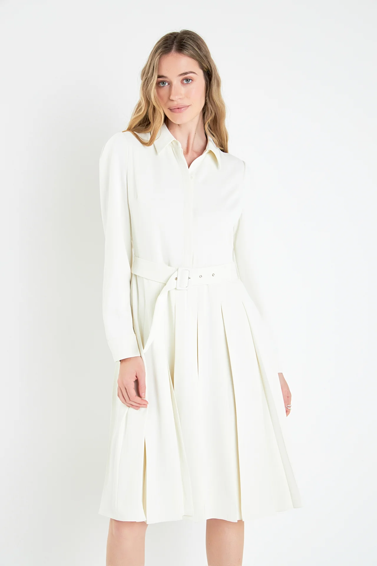 Pleated Collared Long Sleeve Midi Dress - Image 15