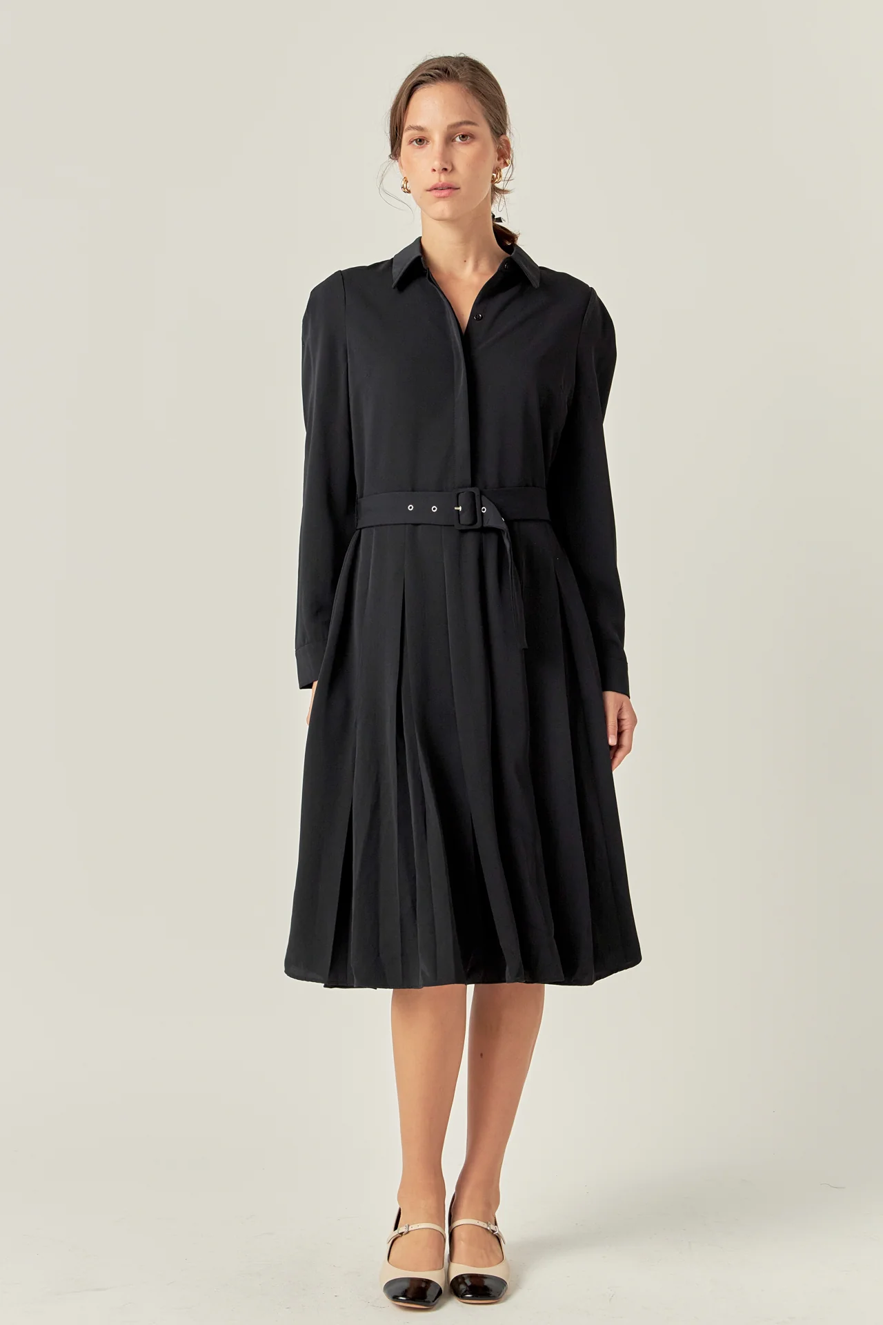 Pleated Collared Long Sleeve Midi Dress - Image 16