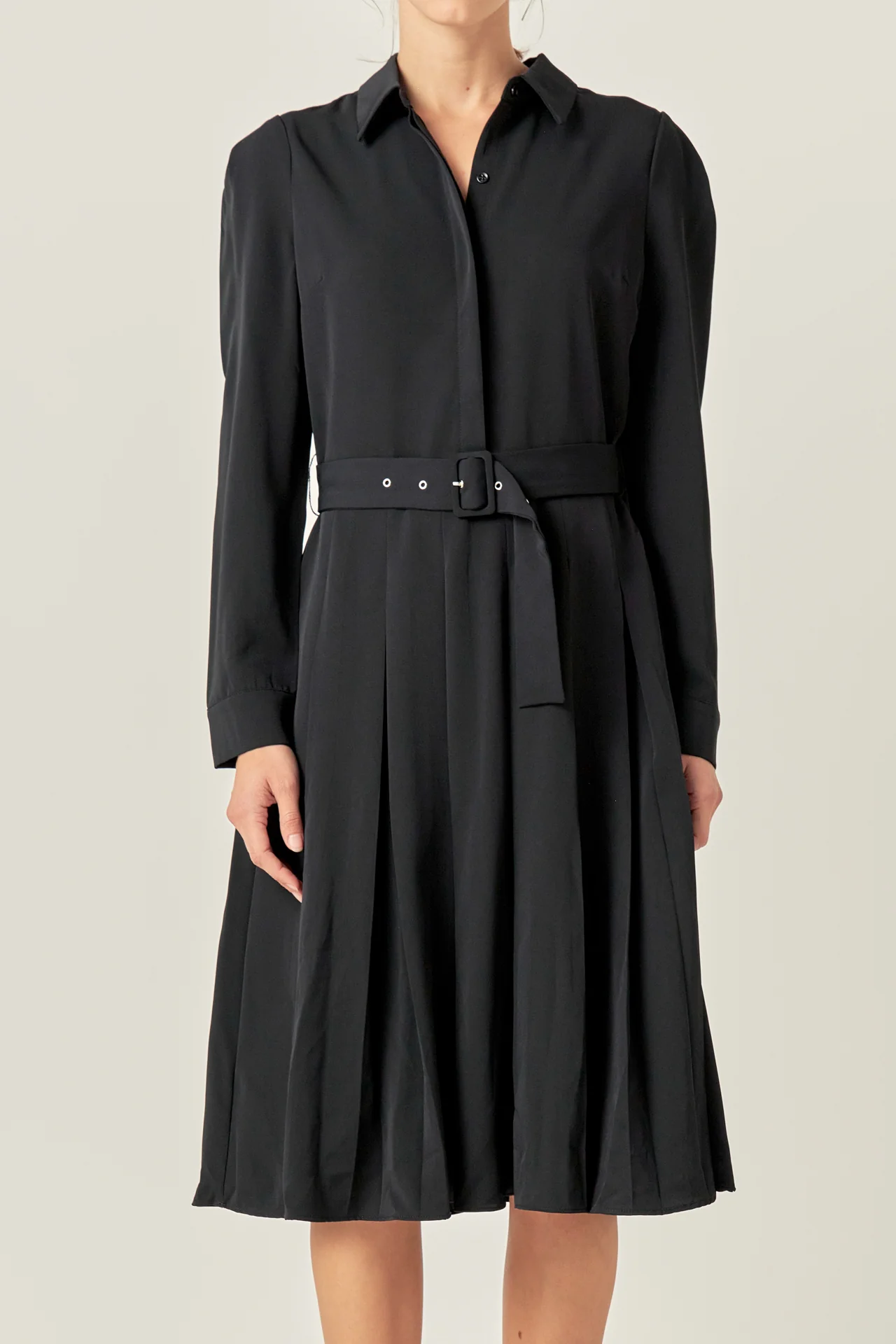 Pleated Collared Long Sleeve Midi Dress - Image 17