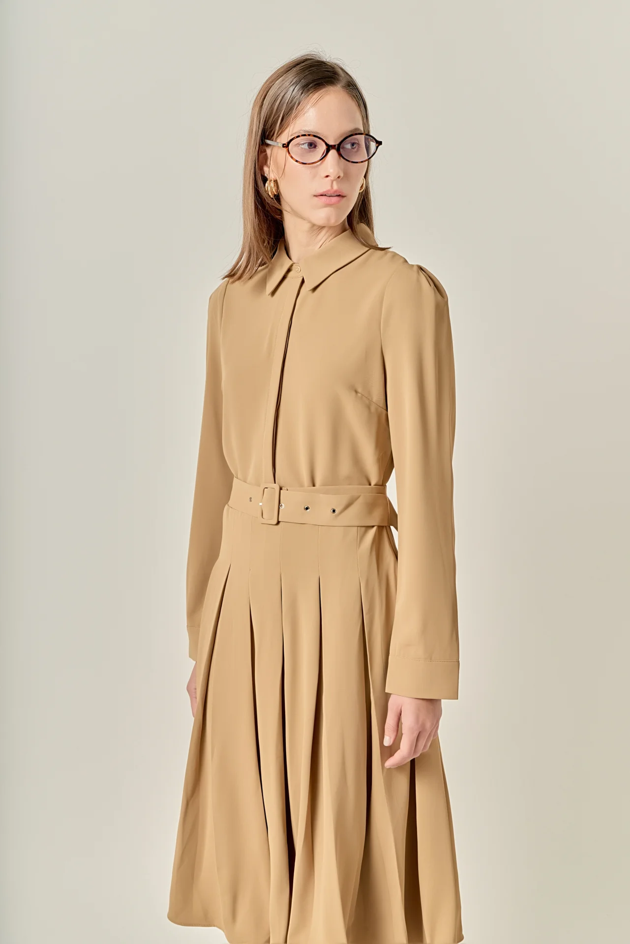 Pleated Collared Long Sleeve Midi Dress - Image 5