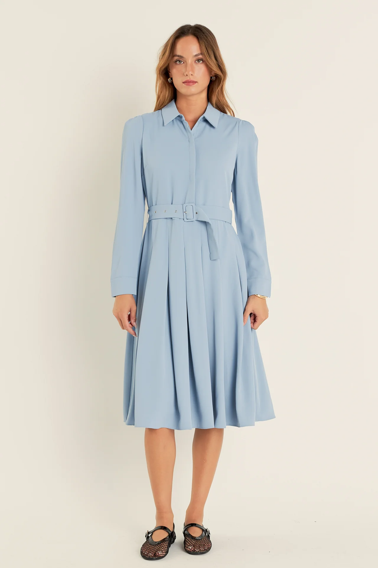 Pleated Collared Long Sleeve Midi Dress - Image 6