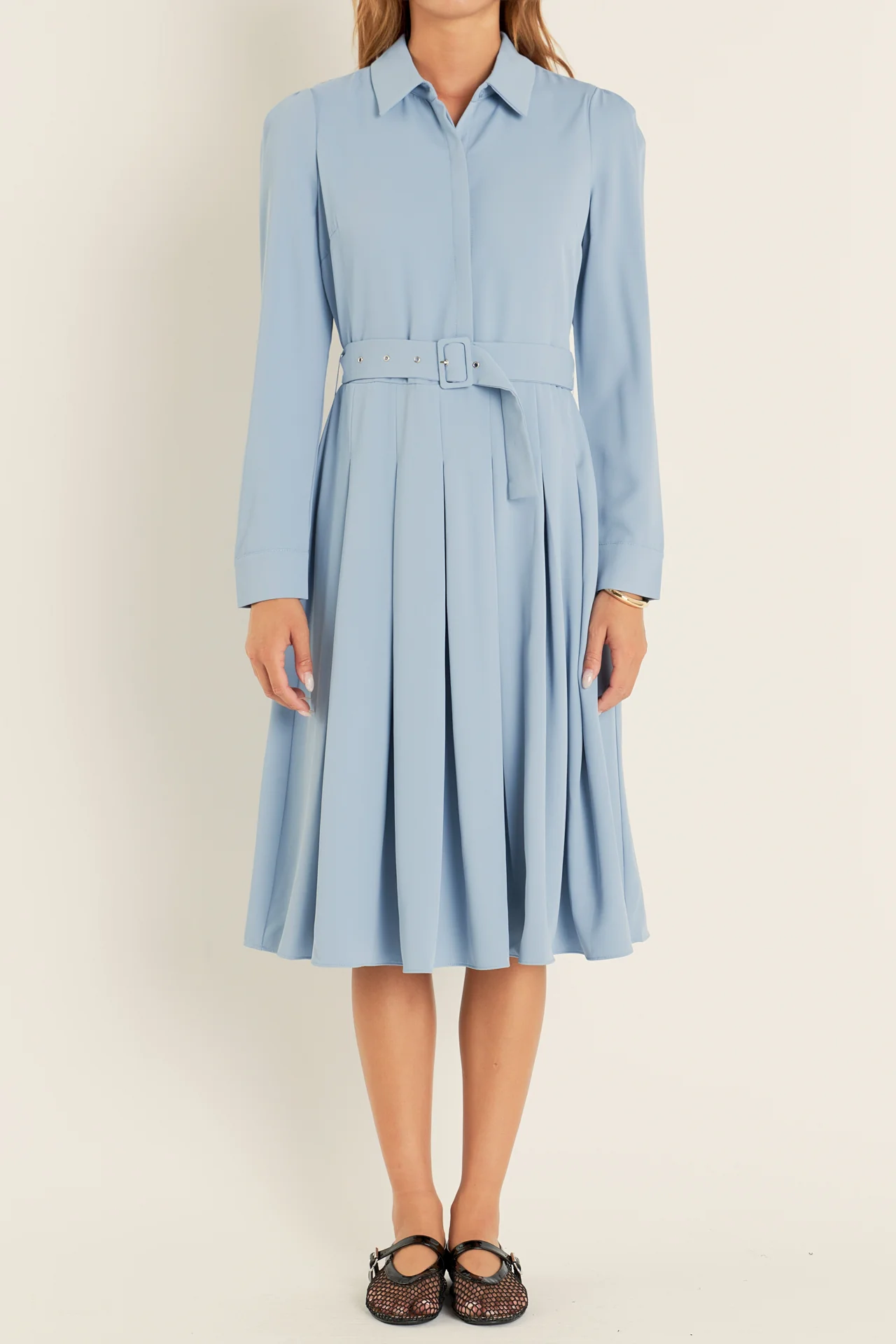 Pleated Collared Long Sleeve Midi Dress - Image 7