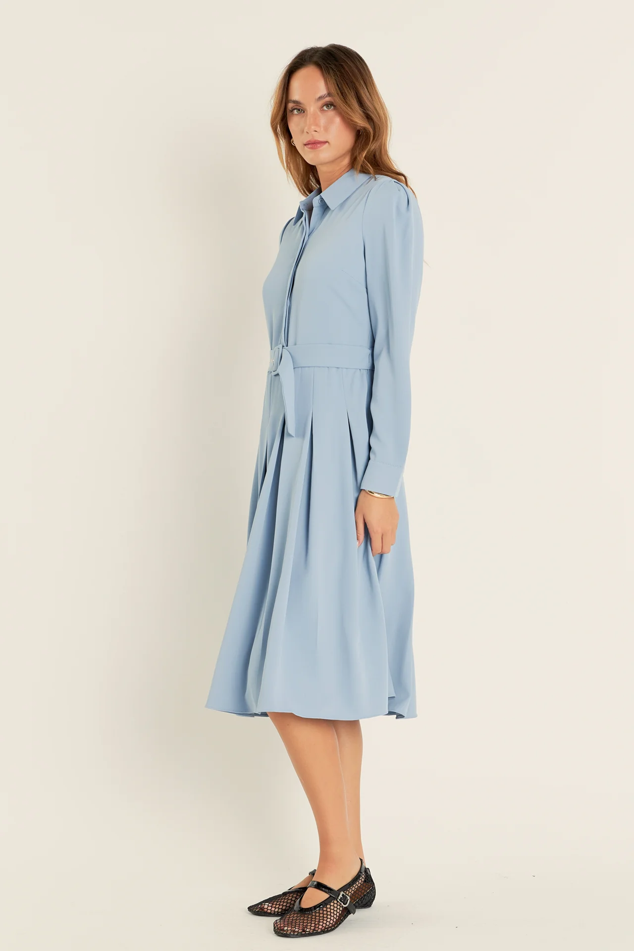 Pleated Collared Long Sleeve Midi Dress - Image 8