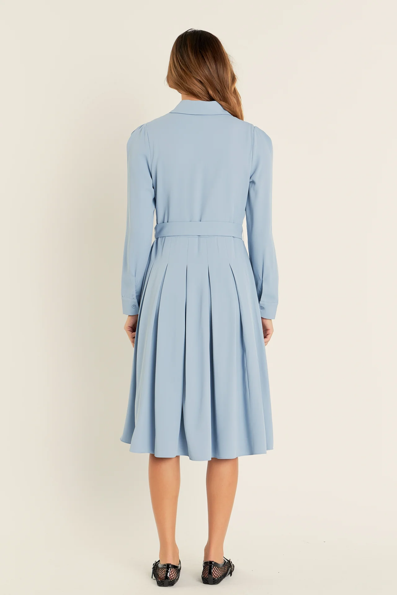 Pleated Collared Long Sleeve Midi Dress - Image 9