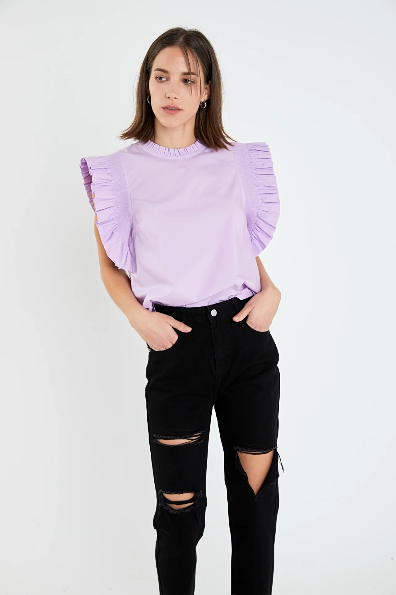 Ruffle Sleeve Poplin Top - Image 35
