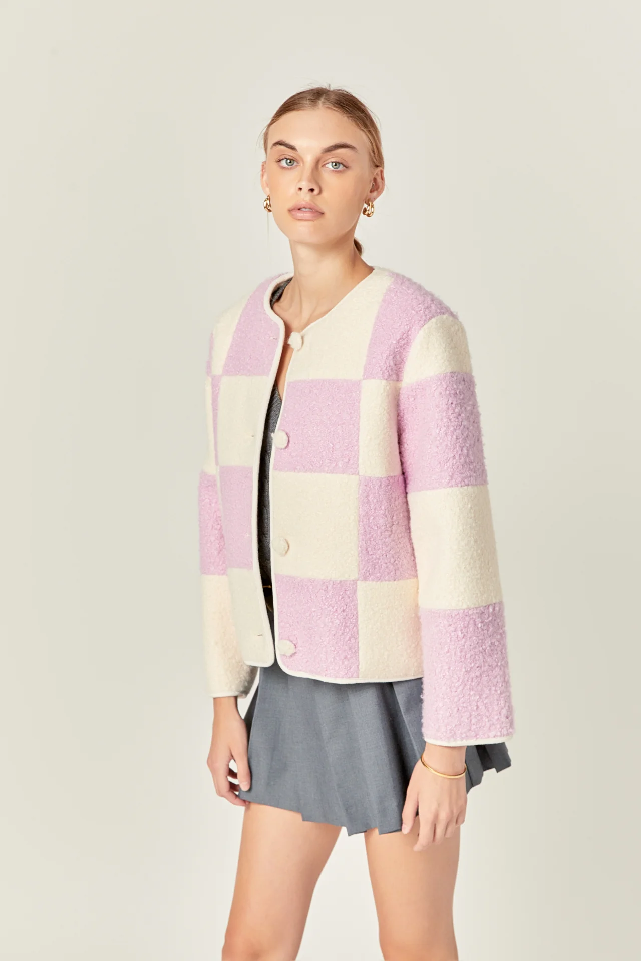 Shearling Check Cardigan - Image 5