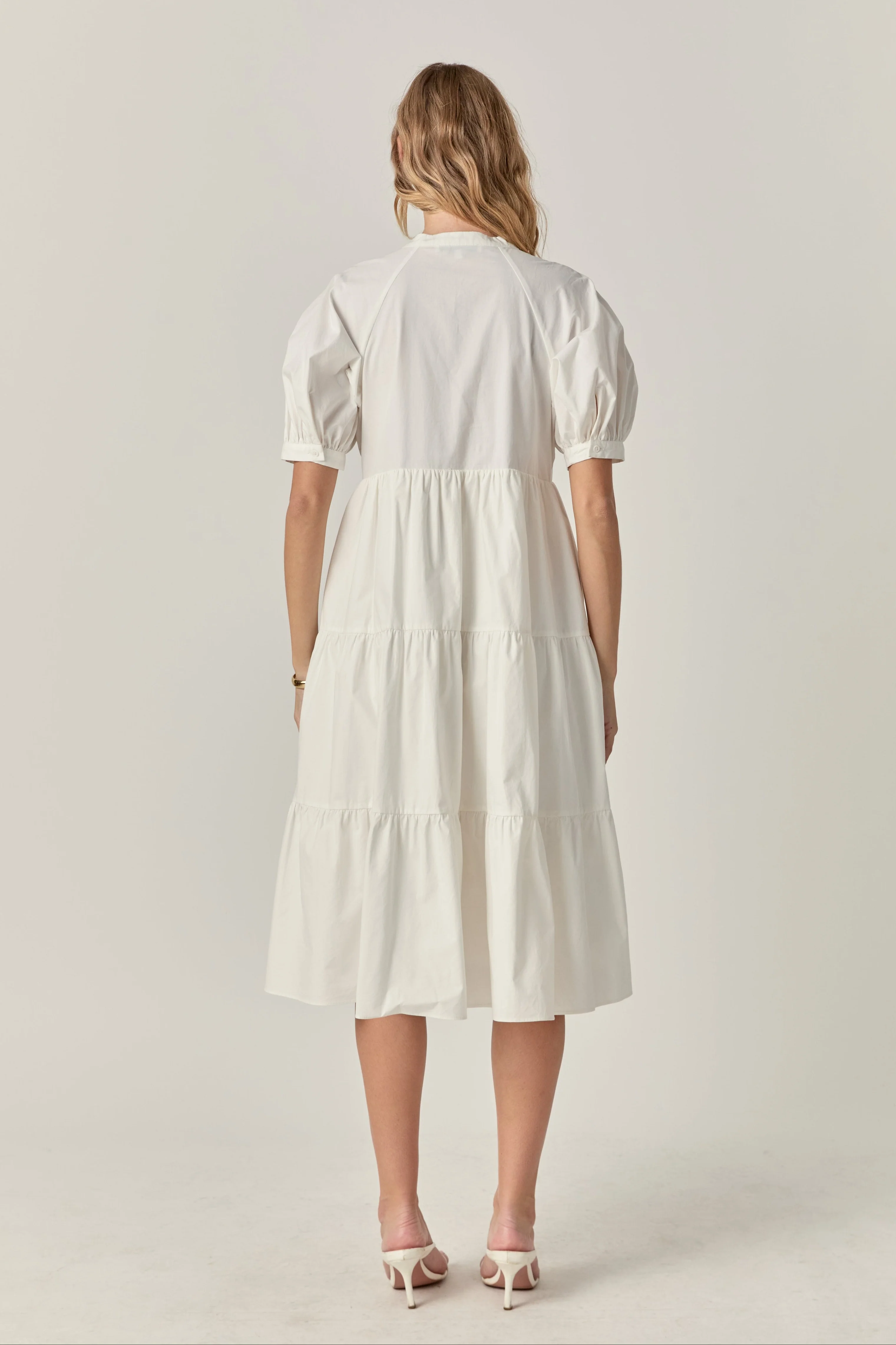 Short Puff Sleeve Midi Dress With Pockets - Image 3