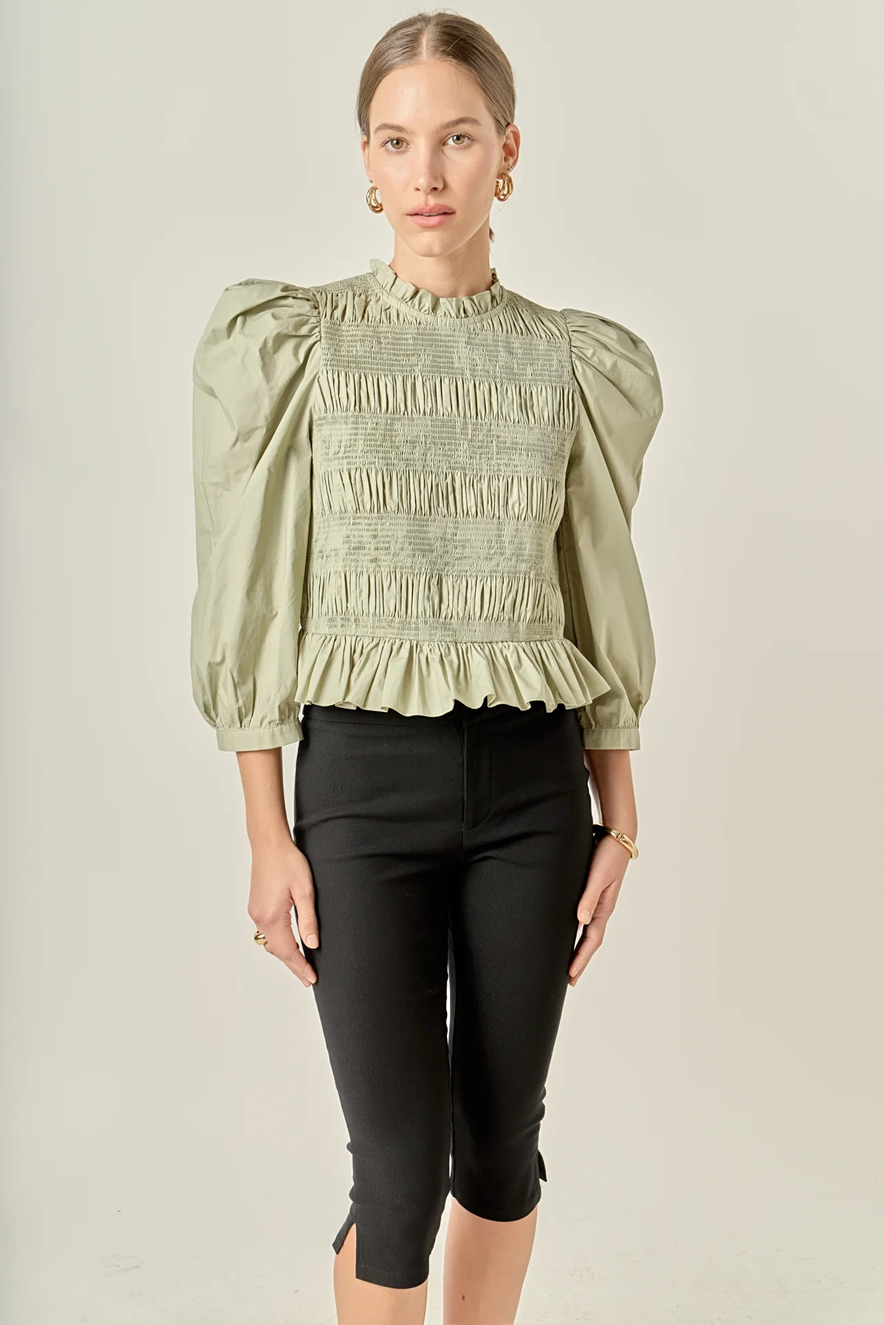 Smocking Detail Puff Sleeve Poplin Blouse - Image 10