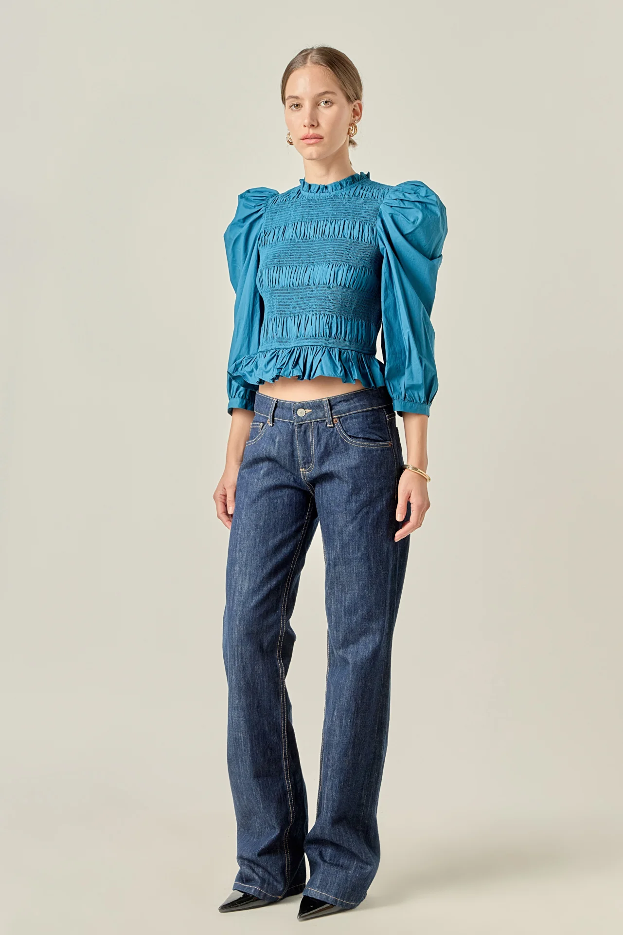 Smocking Detail Puff Sleeve Poplin Blouse - Image 3