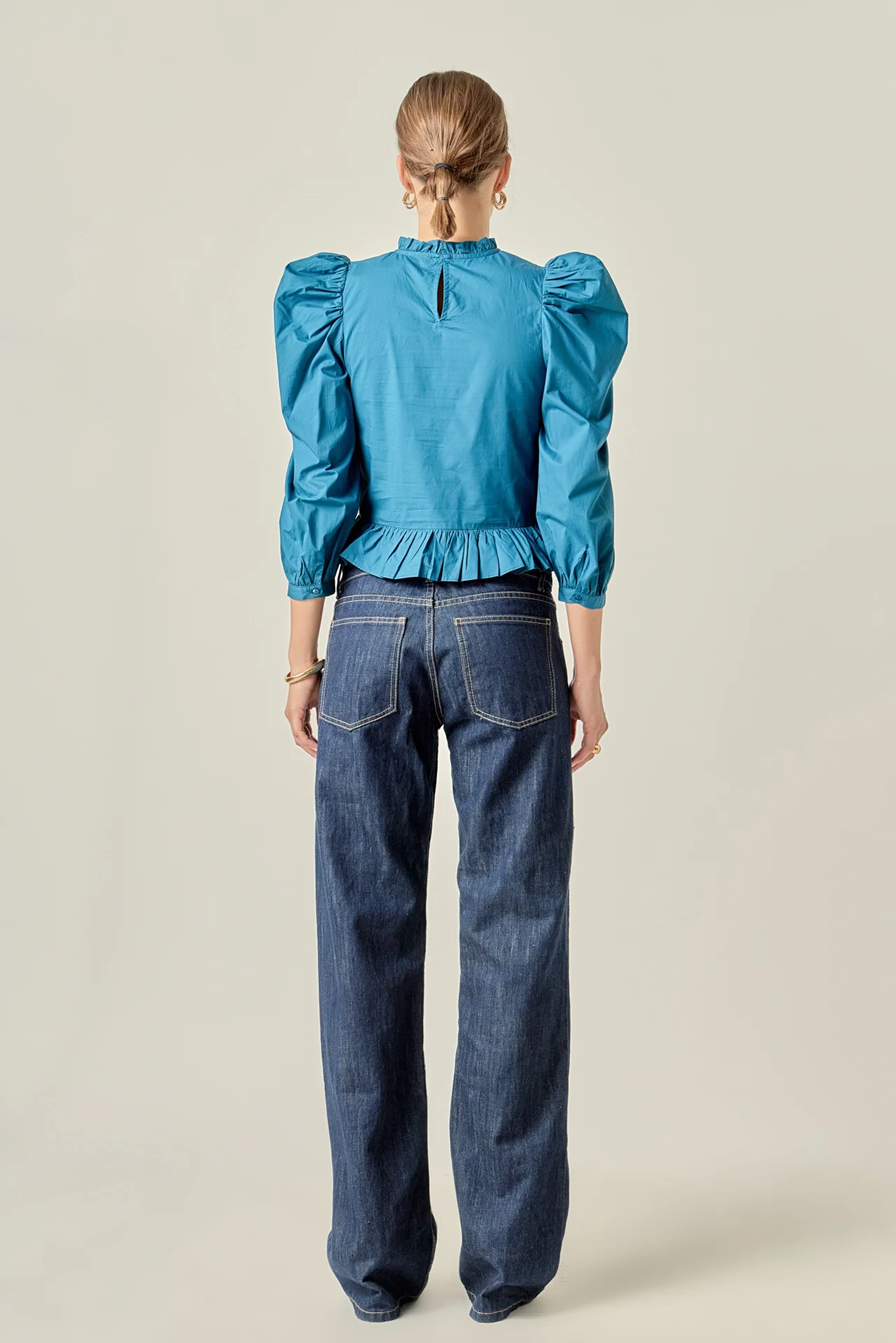 Smocking Detail Puff Sleeve Poplin Blouse - Image 4