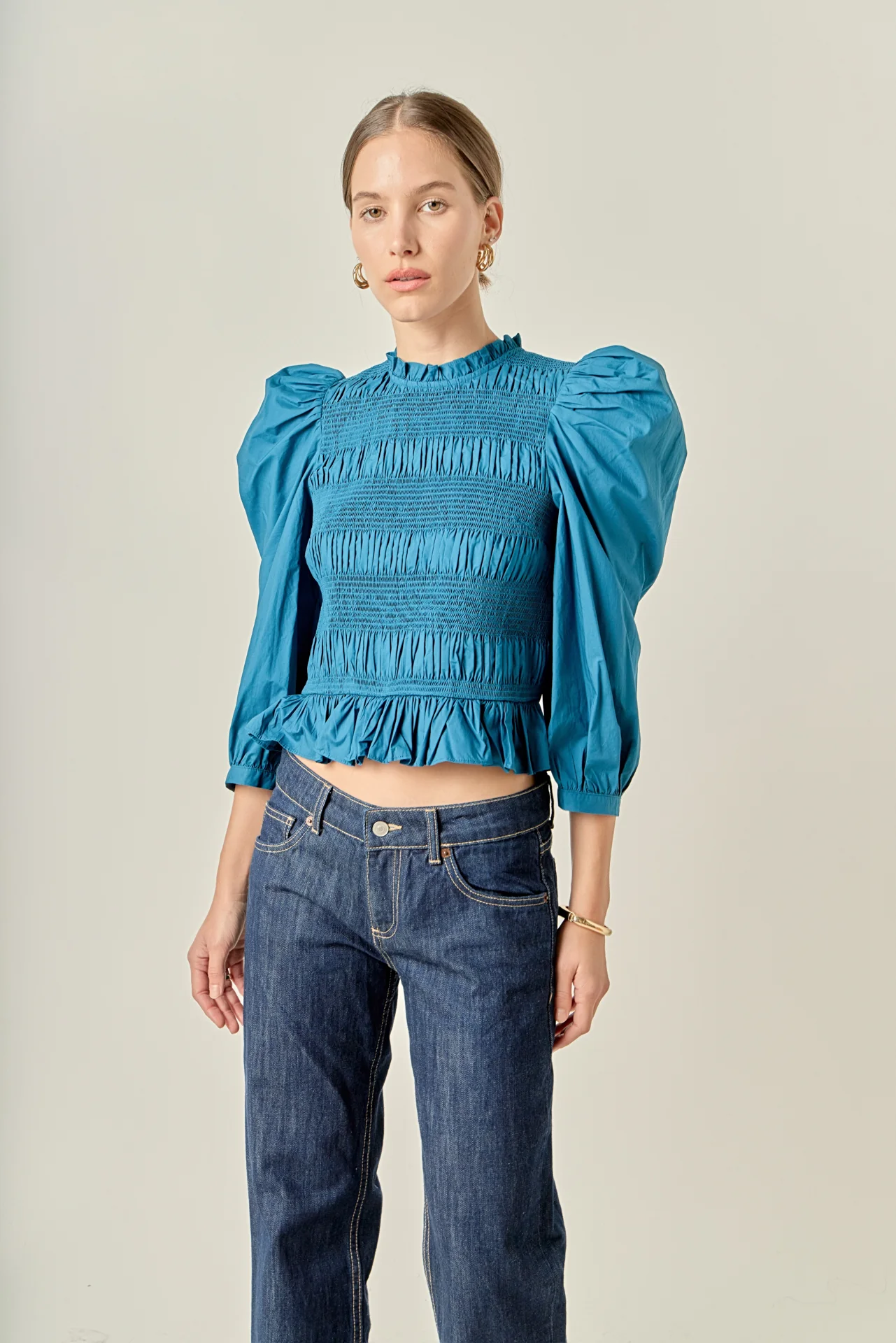 Smocking Detail Puff Sleeve Poplin Blouse - Image 5
