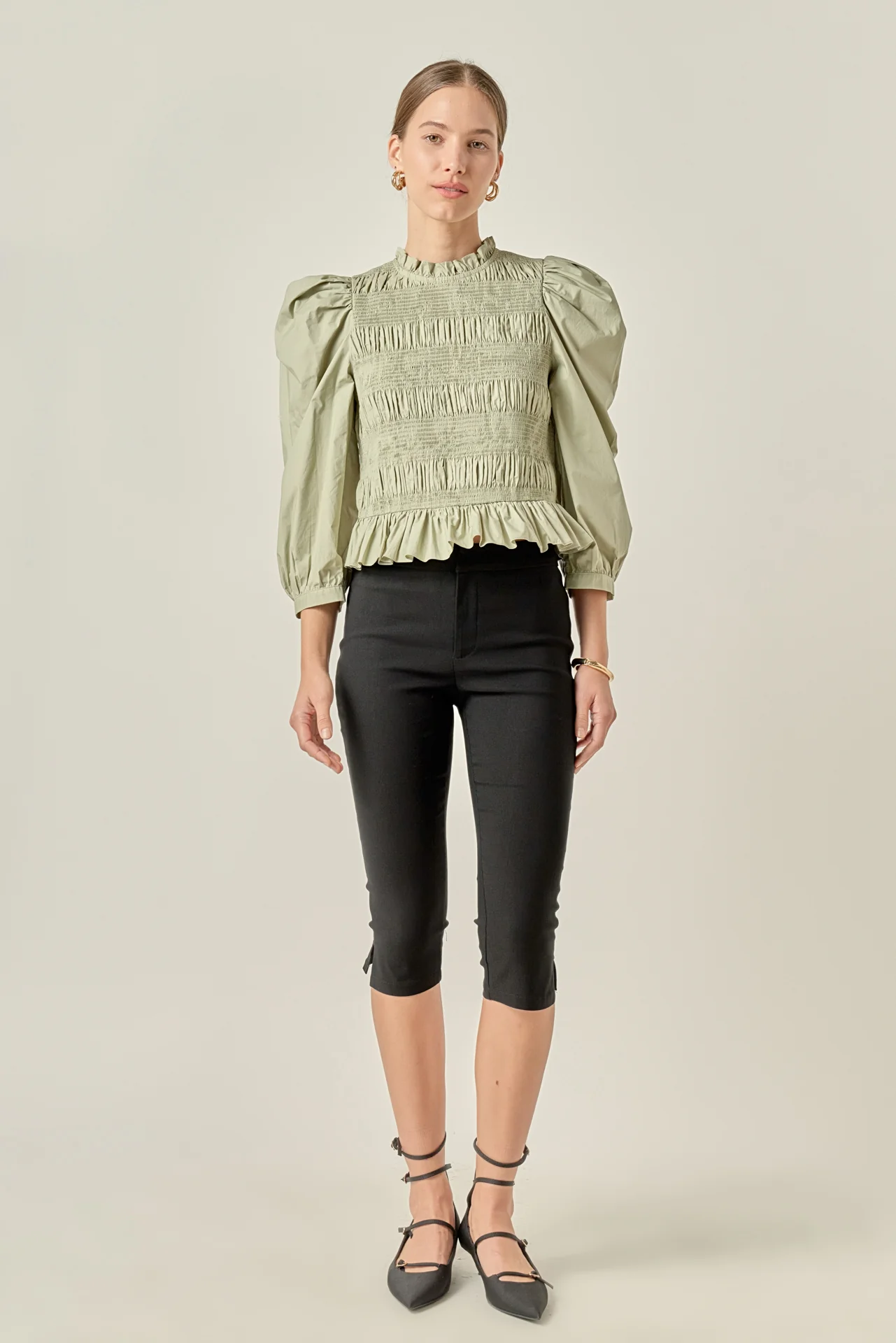 Smocking Detail Puff Sleeve Poplin Blouse - Image 6