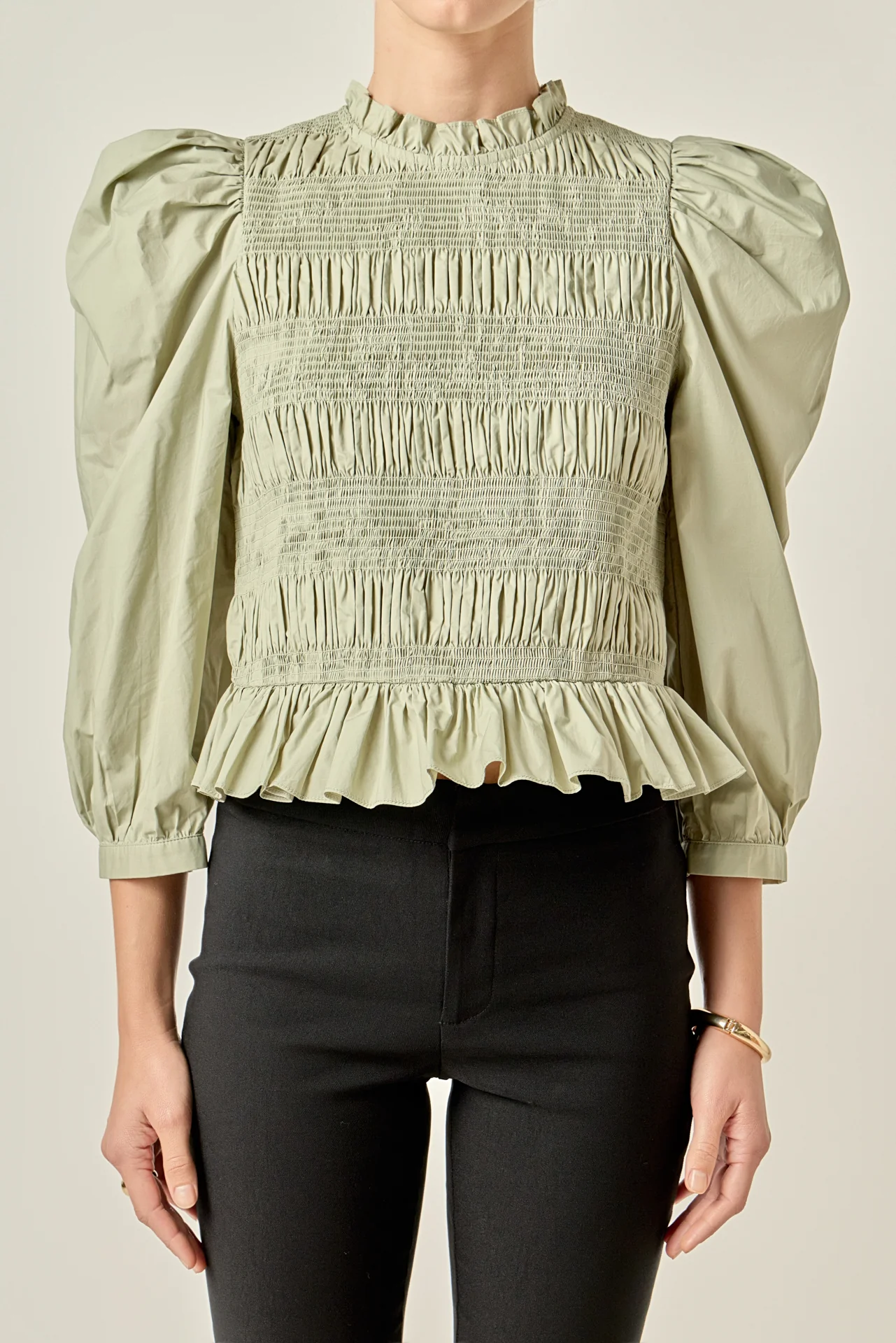 Smocking Detail Puff Sleeve Poplin Blouse - Image 7