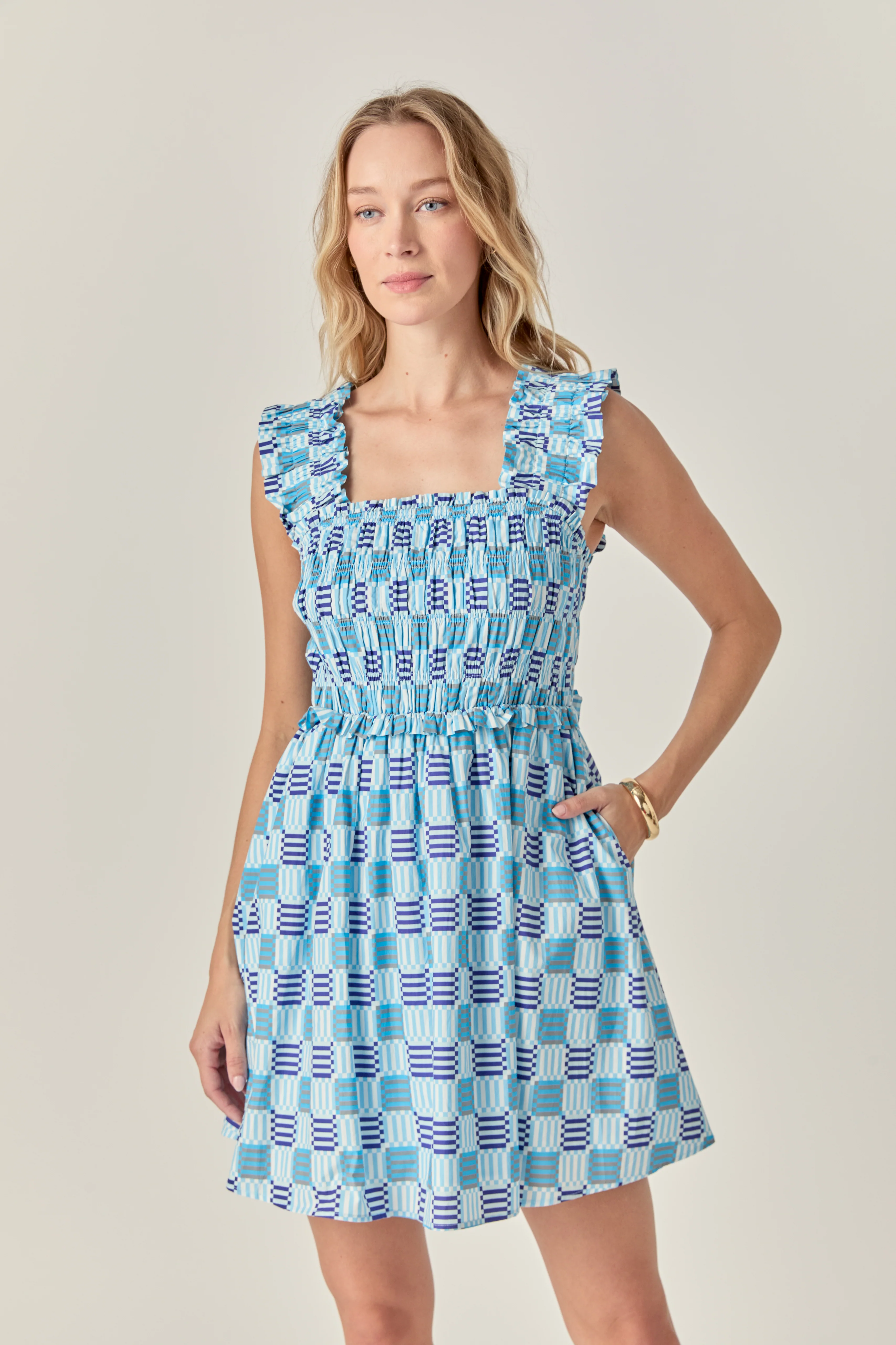 Smocked Square Print Ruffle Mini Dress - Image 5