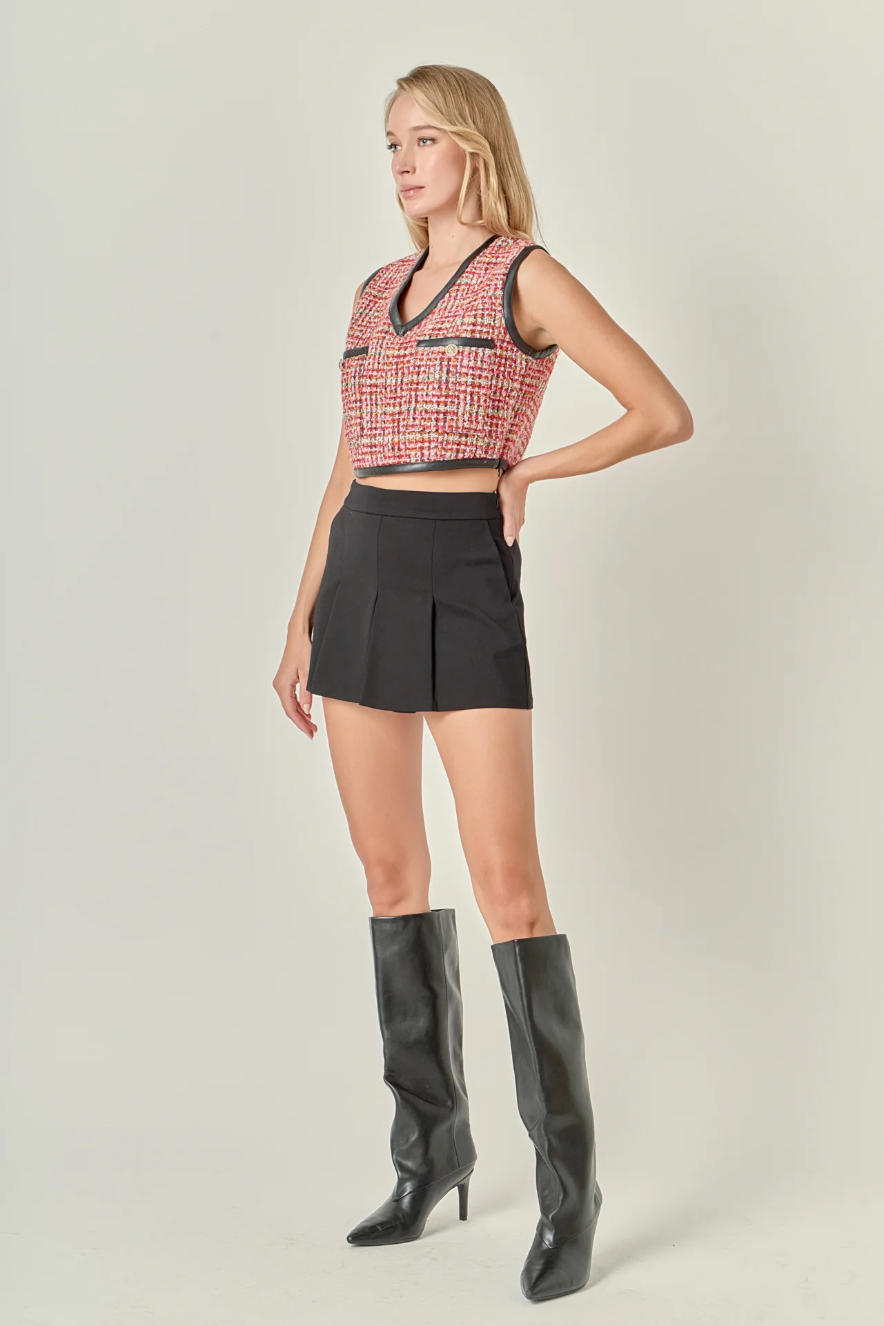 Tweed Vest with Faux Leather Trim - Image 3