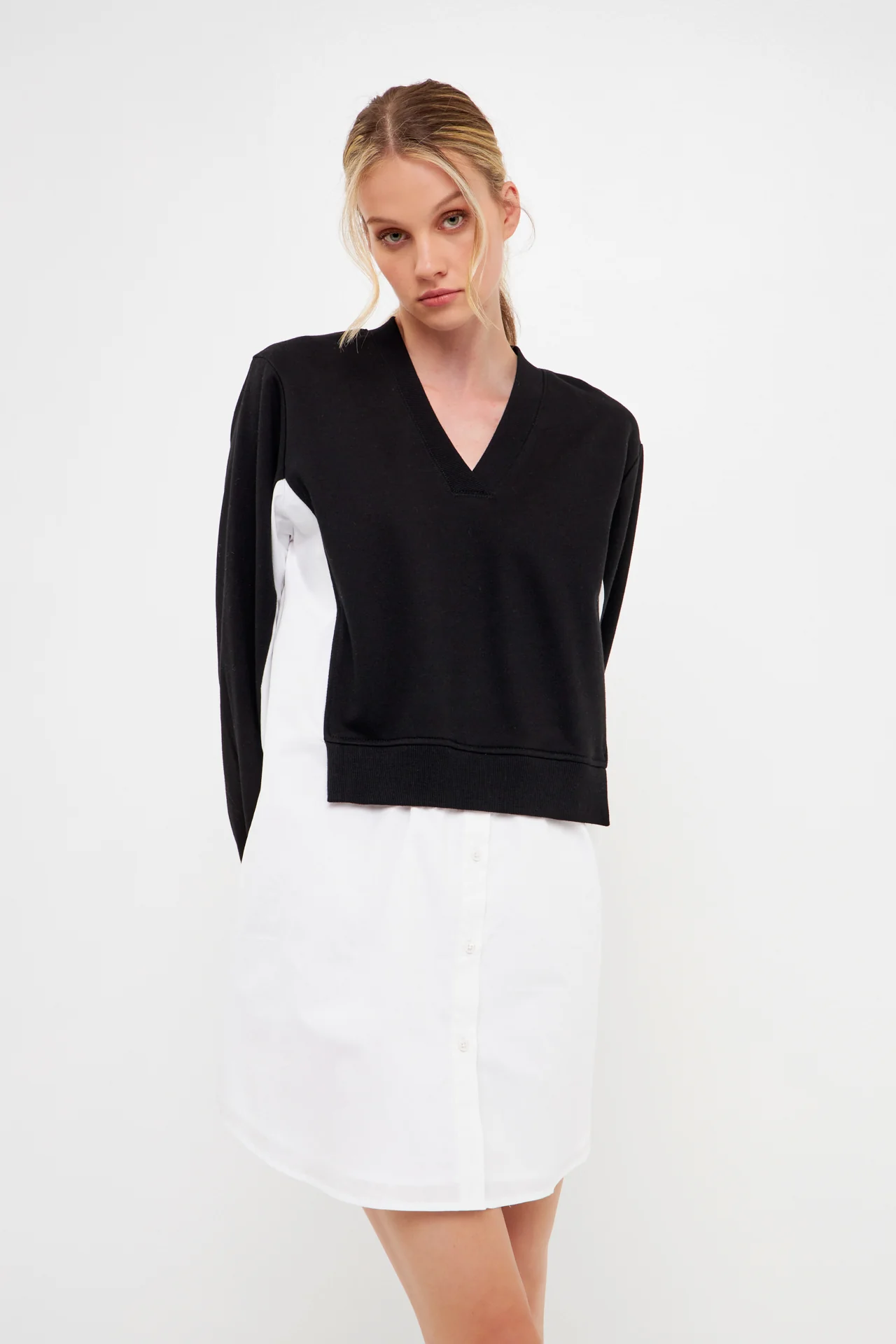 V-neck Sweatshirts Dress with Poplin - Image 10