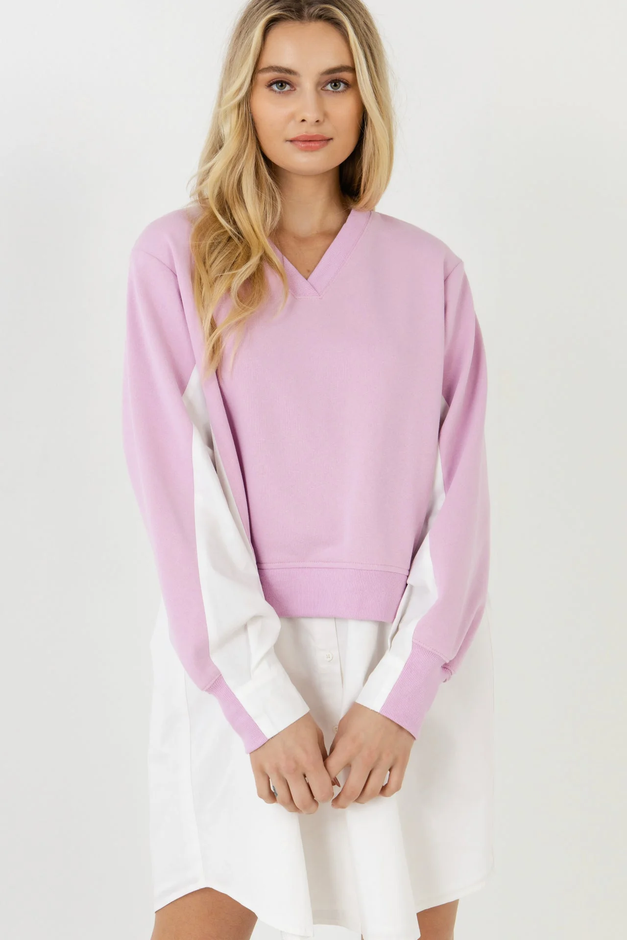 V-neck Sweatshirts Dress with Poplin - Image 15