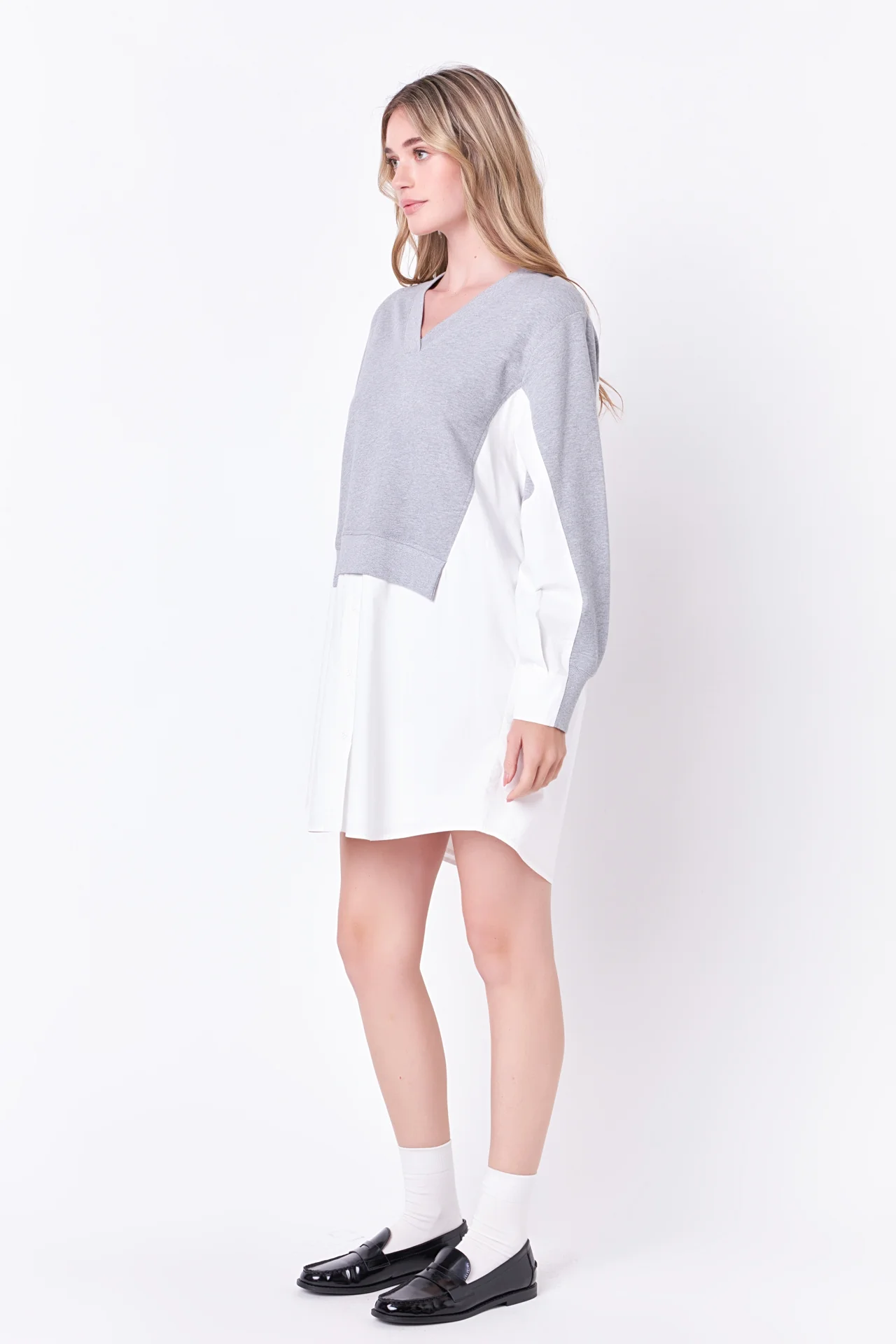 V-neck Sweatshirts Dress with Poplin - Image 3
