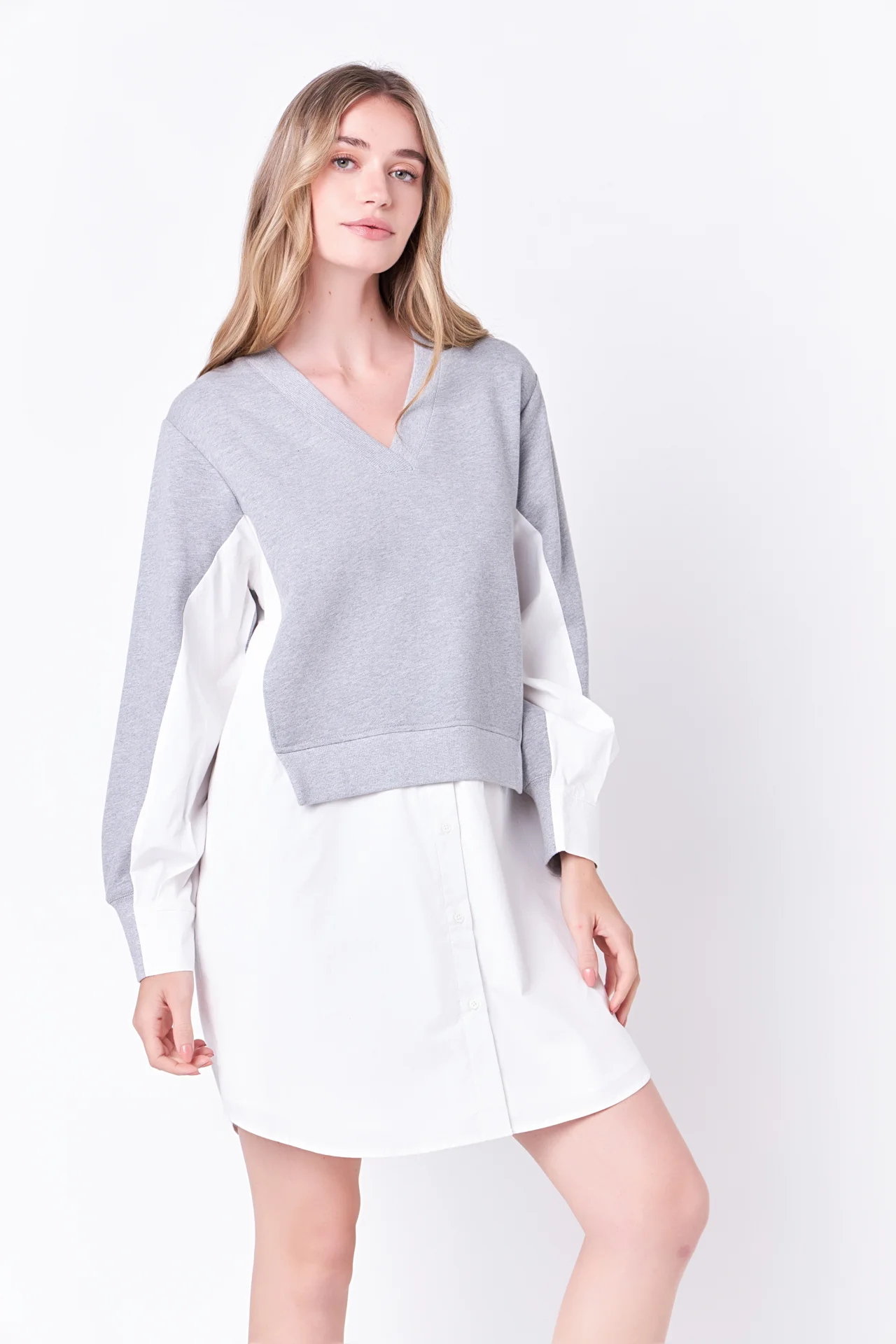 V-neck Sweatshirts Dress with Poplin - Image 5