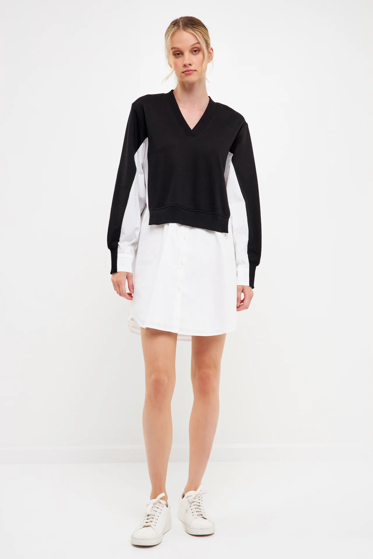 V-neck Sweatshirts Dress with Poplin - Image 6