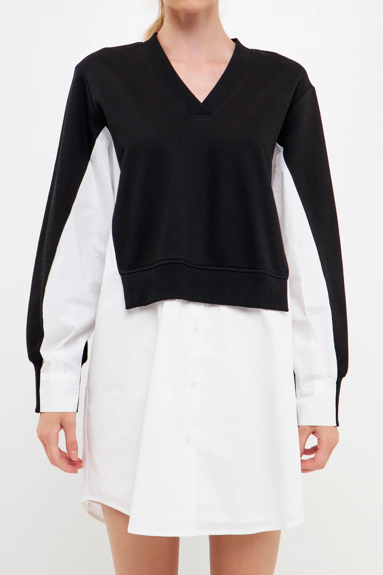 V-neck Sweatshirts Dress with Poplin - Image 7